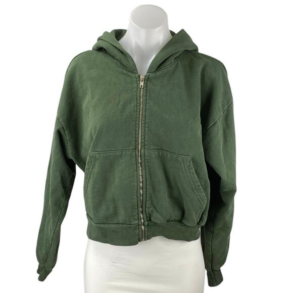Los Angeles Apparel 14oz Heavy Fleece Green Full Zip Crop Hoodie Sweatshirt S/M - Picture 1 of 5